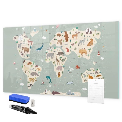 Tableau magnétique effaçable Carte du monde avec illustrations d'animaux
