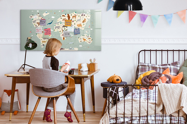 Tableau magnétique effaçable Carte du monde avec illustrations d'animaux