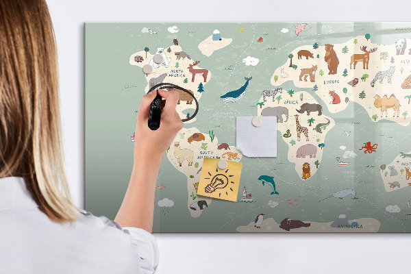 Tableau magnétique effaçable Carte du monde avec illustrations d'animaux