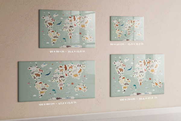 Tableau magnétique effaçable Carte du monde avec illustrations d'animaux