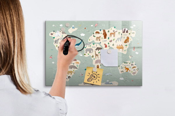 Tableau magnétique effaçable Carte du monde avec illustrations d'animaux