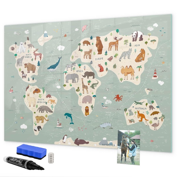 Tableau magnétique effaçable Carte du monde avec illustrations d'animaux