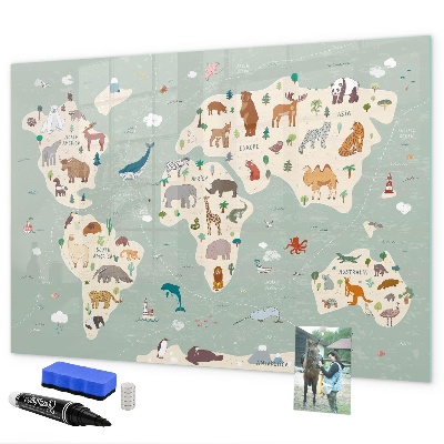 Tableau magnétique effaçable Carte du monde avec illustrations d'animaux