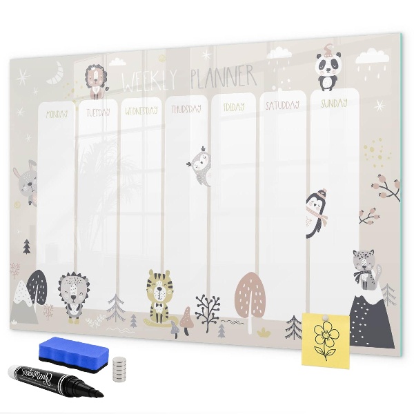 Tableau magnétique effaçable Agenda hebdomadaire avec des animaux colorés