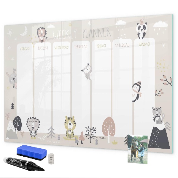 Tableau magnétique effaçable Agenda hebdomadaire avec des animaux colorés