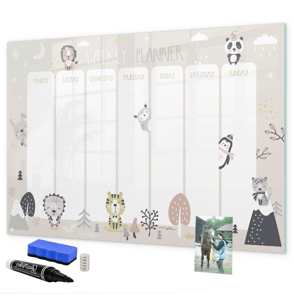 Tableau magnétique effaçable Agenda hebdomadaire avec des animaux colorés