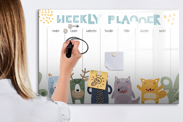 Tableau magnétique effaçable Agenda hebdomadaire avec des animaux colorés