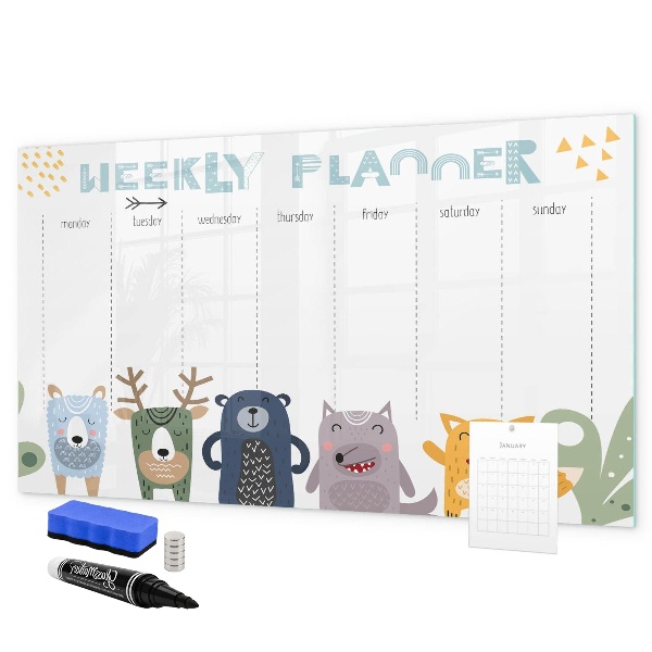 Tableau magnétique effaçable Agenda hebdomadaire avec des animaux colorés