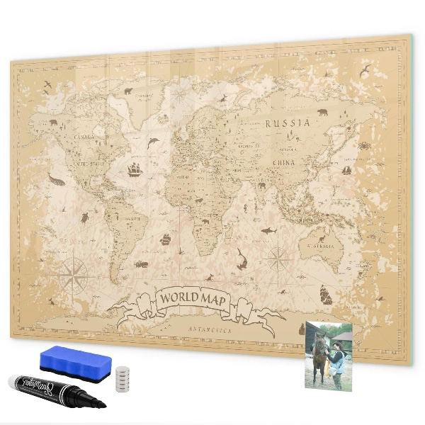 Tableau magnétique effaçable Carte du monde avec photos et accessoires