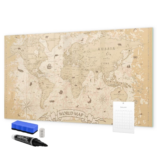 Tableau magnétique effaçable Carte du monde avec photos et accessoires