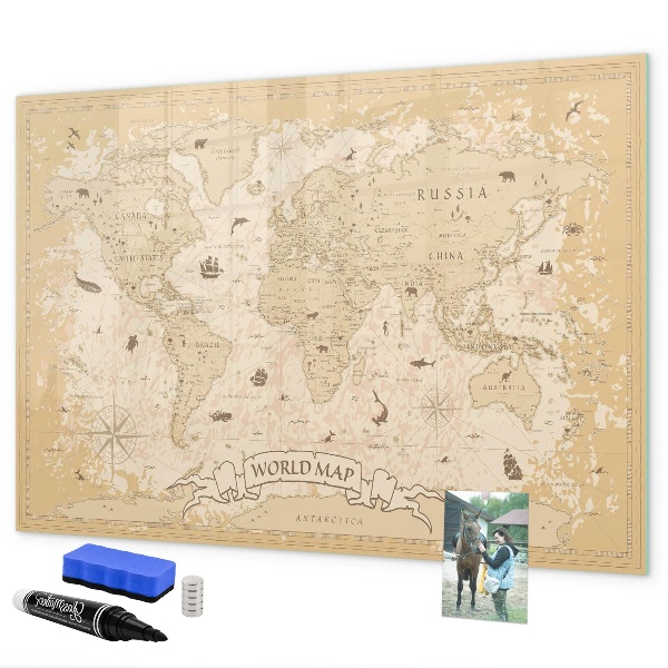 Tableau magnétique effaçable Carte du monde avec photos et accessoires