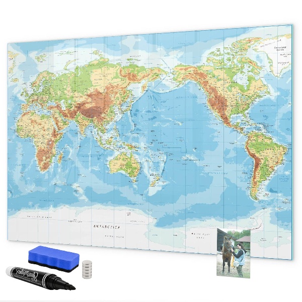 Tableau magnétique effaçable Carte du monde avec photos et accessoires
