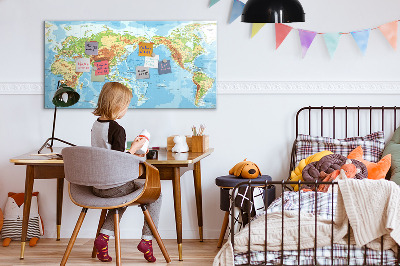Tableau magnétique effaçable Carte du monde avec photos et accessoires