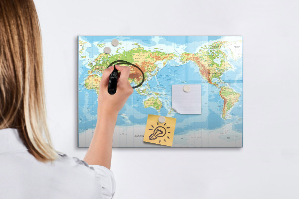 Tableau magnétique effaçable Carte du monde avec photos et accessoires