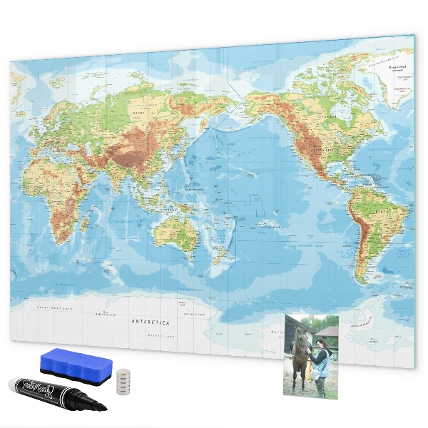 Tableau magnétique effaçable Carte du monde avec photos et accessoires