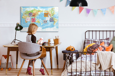Tableau magnétique effaçable Carte du monde avec photos et accessoires