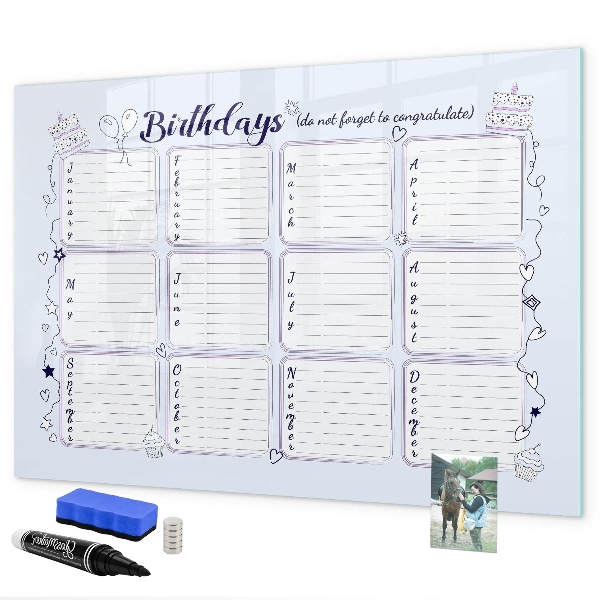 Tableau magnétique effaçable Calendrier d'anniversaires avec espace pour photos