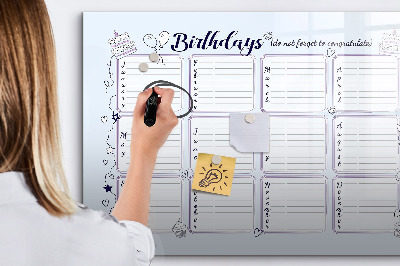 Tableau magnétique effaçable Calendrier d'anniversaires avec espace pour photos