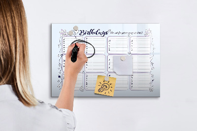 Tableau magnétique effaçable Calendrier d'anniversaires avec espace pour photos