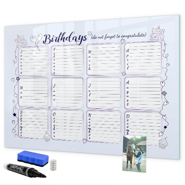 Tableau magnétique effaçable Calendrier d'anniversaires avec espace pour photos