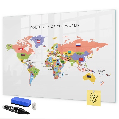 Tableau magnétique effaçable Carte du monde avec des lieux à marquer