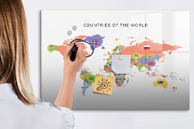 Tableau magnétique effaçable Carte du monde avec des lieux à marquer