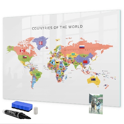 Tableau magnétique effaçable Carte du monde avec des lieux à marquer