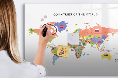 Tableau magnétique effaçable Carte du monde avec des lieux à marquer