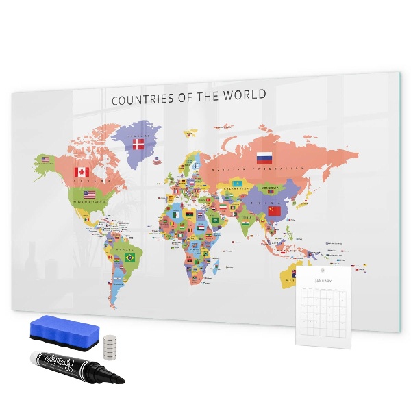 Tableau magnétique effaçable Carte du monde avec des lieux à marquer