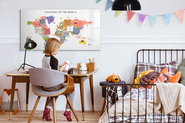 Tableau magnétique effaçable Carte du monde avec des lieux à marquer