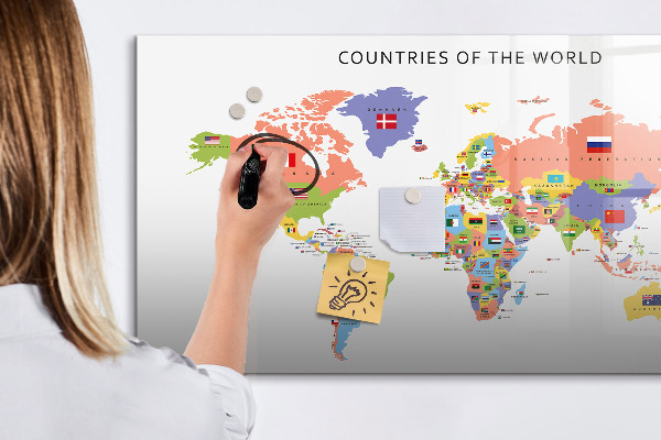 Tableau magnétique effaçable Carte du monde avec des lieux à marquer