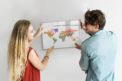 Tableau magnétique effaçable Carte du monde avec des lieux à marquer