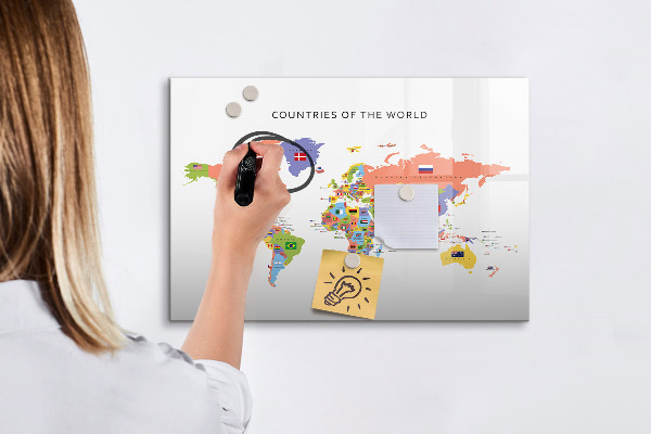 Tableau magnétique effaçable Carte du monde avec des lieux à marquer