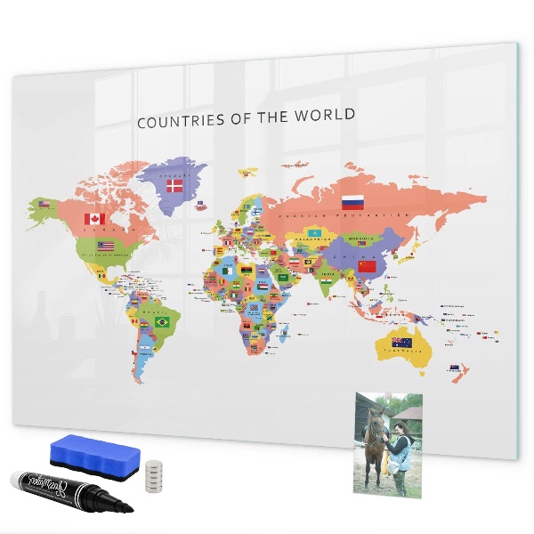 Tableau magnétique effaçable Carte du monde avec des lieux à marquer