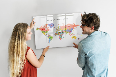 Tableau magnétique effaçable Carte du monde avec des lieux à marquer