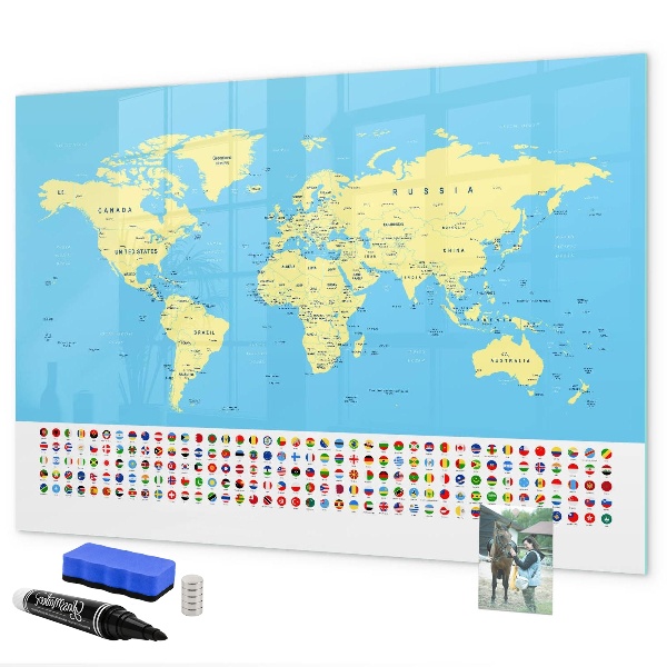 Tableau effaçable magnétique Carte du monde avec emplacements de photos