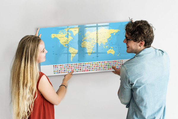 Tableau effaçable magnétique Carte du monde avec emplacements de photos