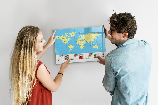 Tableau effaçable magnétique Carte du monde avec emplacements de photos