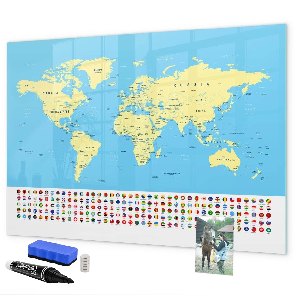 Tableau effaçable magnétique Carte du monde avec emplacements de photos