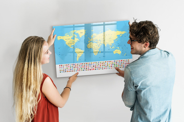 Tableau effaçable magnétique Carte du monde avec emplacements de photos