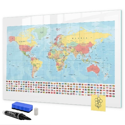 Tableau magnétique effaçable Carte du monde avec des lieux à marquer