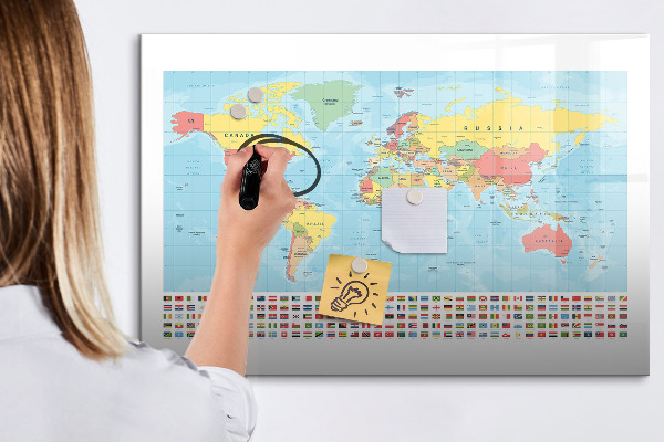 Tableau magnétique effaçable Carte du monde avec des lieux à marquer