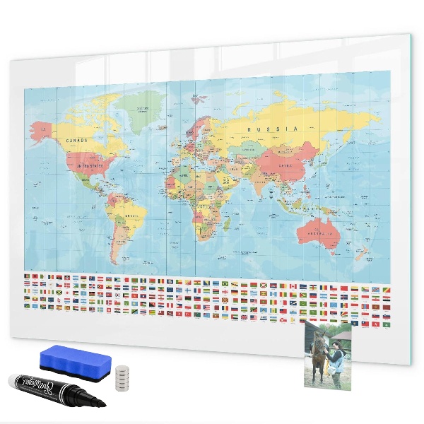 Tableau magnétique effaçable Carte du monde avec des lieux à marquer