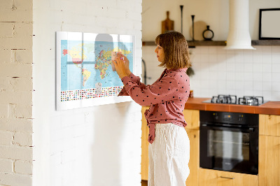 Tableau magnétique effaçable Carte du monde avec des lieux à marquer