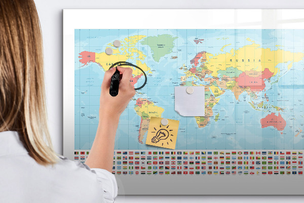 Tableau magnétique effaçable Carte du monde avec des lieux à marquer