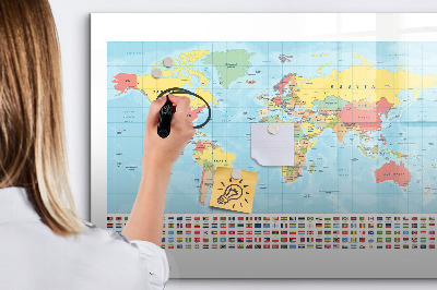 Tableau magnétique effaçable Carte du monde avec des lieux à marquer