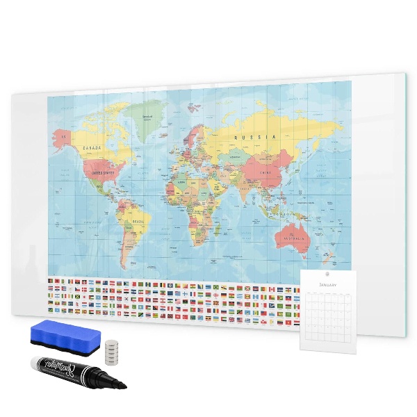 Tableau magnétique effaçable Carte du monde avec des lieux à marquer