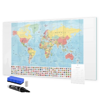 Tableau magnétique effaçable Carte du monde avec des lieux à marquer