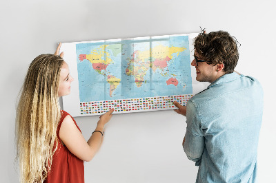 Tableau magnétique effaçable Carte du monde avec des lieux à marquer