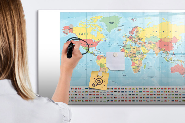 Tableau magnétique effaçable Carte du monde avec des lieux à marquer